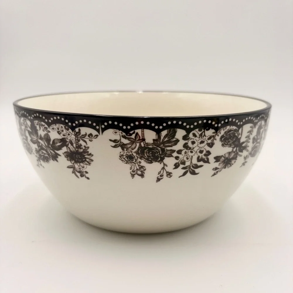 Robert Stanley Fall Classics Brown  White Toile Floral Ceramic Serving Bowl 50oz